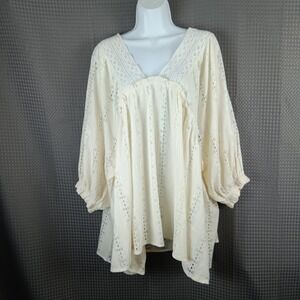 Romantic Ivory Eyelet Lace Boho Prairie Dress Tunic L XL Women Peasant Lagenlook